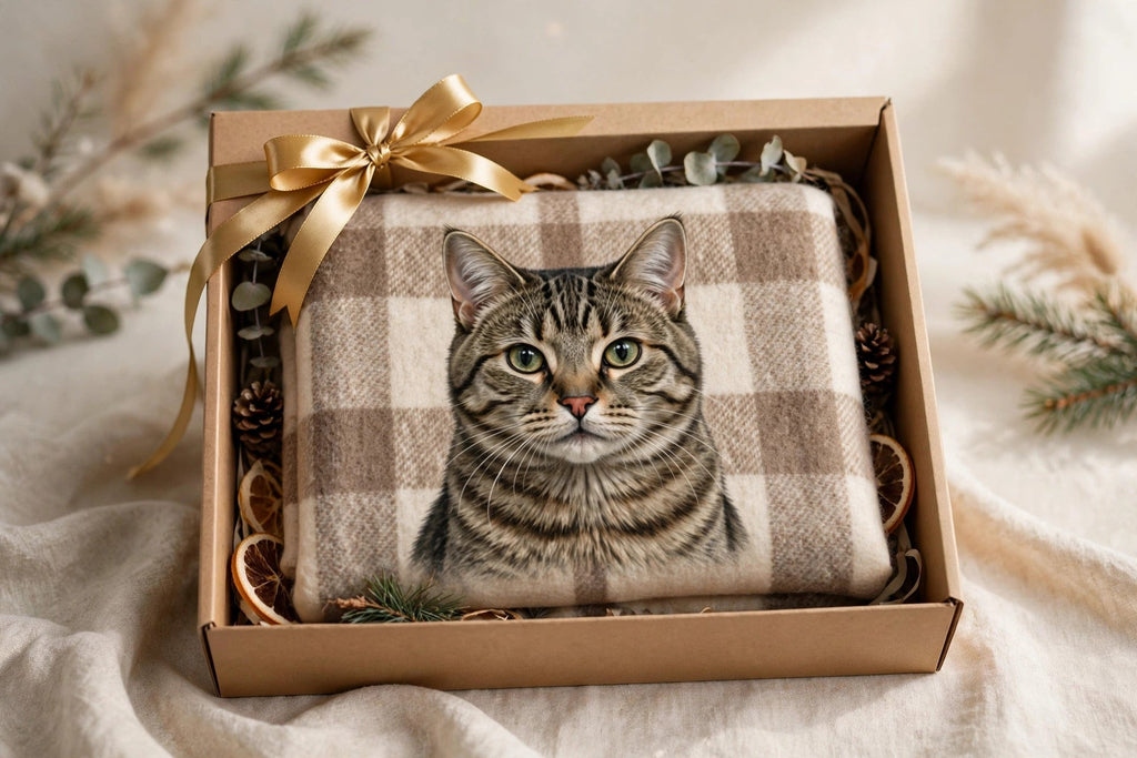 Plaid personnalisé avec portrait de chat, plié dans un coffret cadeau avec ruban doré