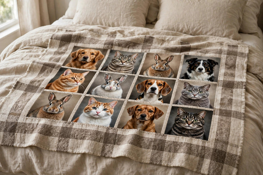 Plaid avec mosaïque de portraits d'animaux imprimés — chien, chat et lapin — déployé sur un lit