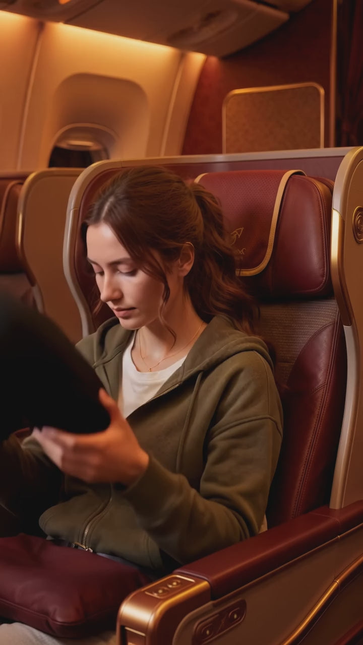 Vidéo démo DULUXE – installation de l'Oreiller de Voyage à Maintien de Tête et sommeil paisible en avion