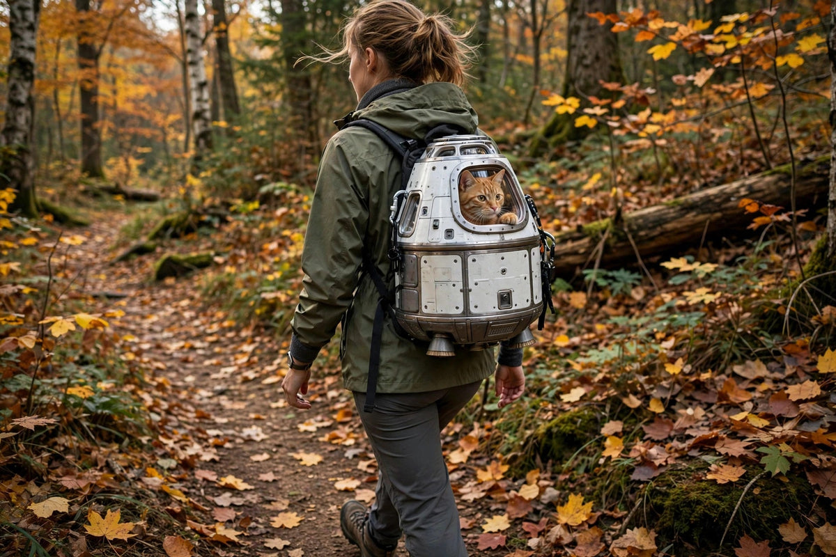 Randonneuse portant un sac à dos capsule spatial avec un chat visible par le hublot, forêt en automne