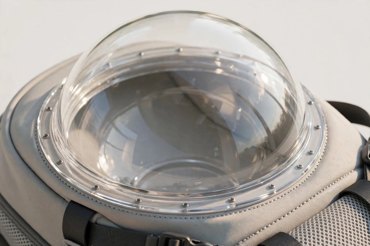 Gros plan sur le hublot transparent en forme de dôme du sac à dos capsule spatial pour chat