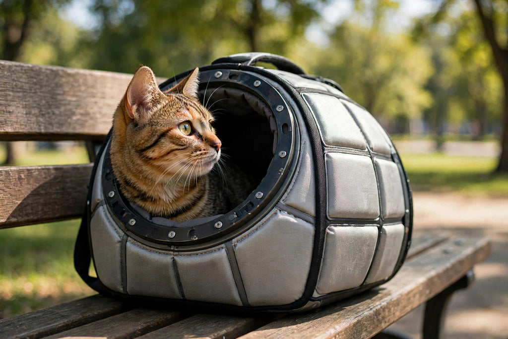 Chat tigré sortant la tête du hublot du sac à dos capsule spatial, sur un banc de parc ensoleillé