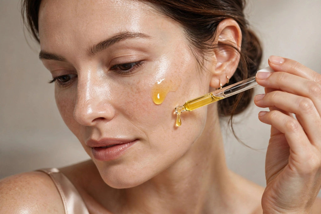 Femme appliquant le sérum éclat à l'acide kojique sur sa joue avec la pipette