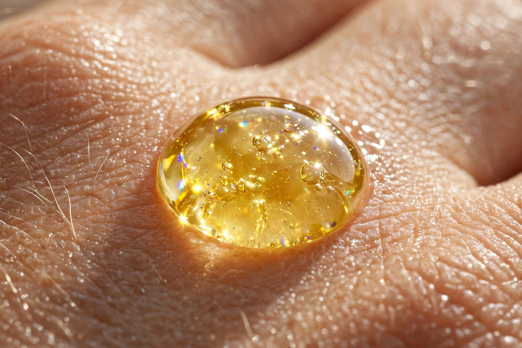 Goutte de sérum doré au curcuma sur la peau, gros plan