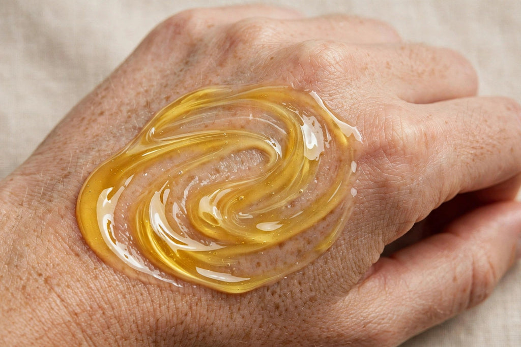 Texture dorée du sérum au curcuma sur le dos de la main