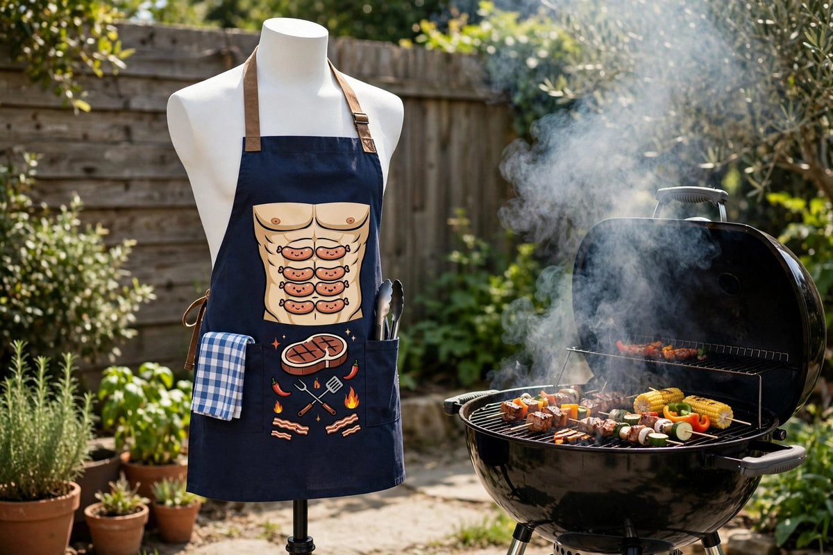 Tablier de barbecue humoristique sur mannequin devant un grill fumant