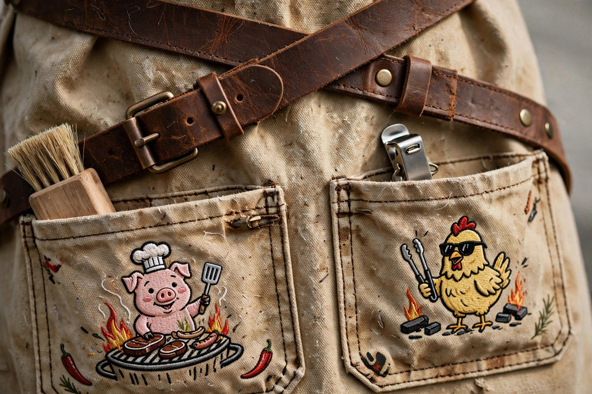 Détail des poches et sangles du tablier de barbecue
