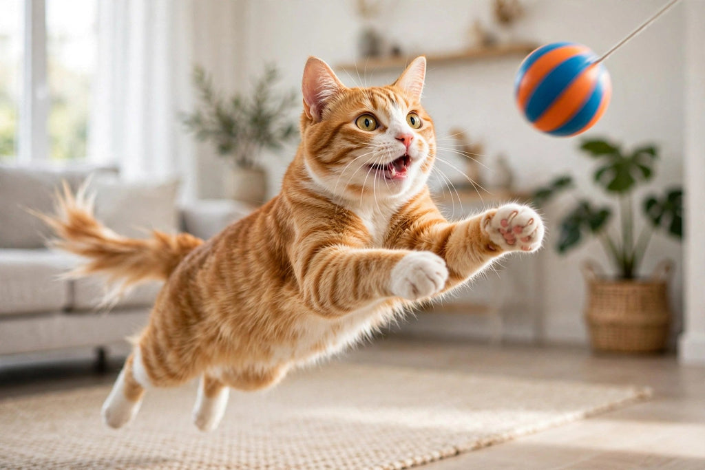 Chat bondissant après le jouet yo-yo en mouvement