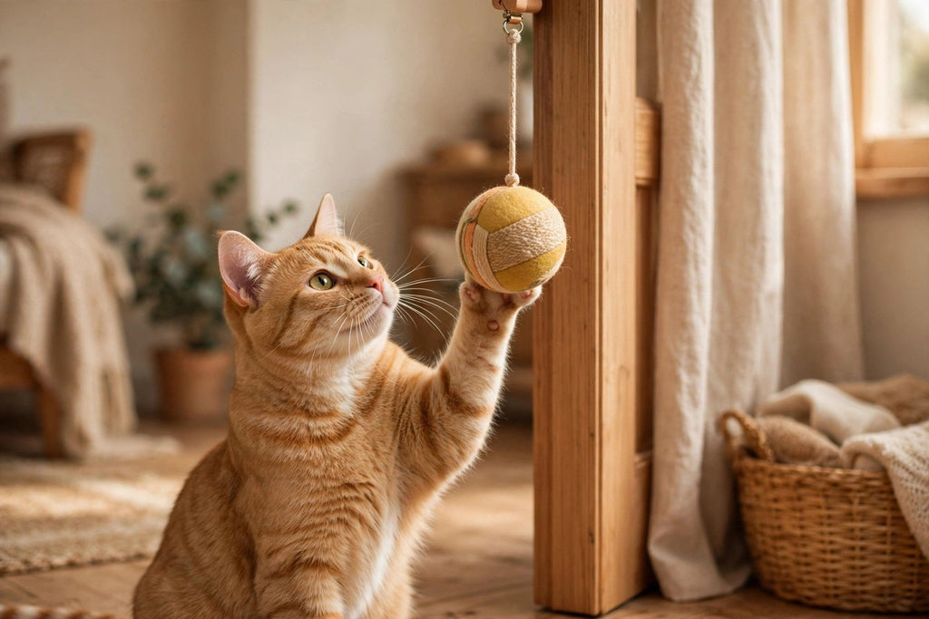 Chat jouant avec le yo-yo accroché à un cadre de porte
